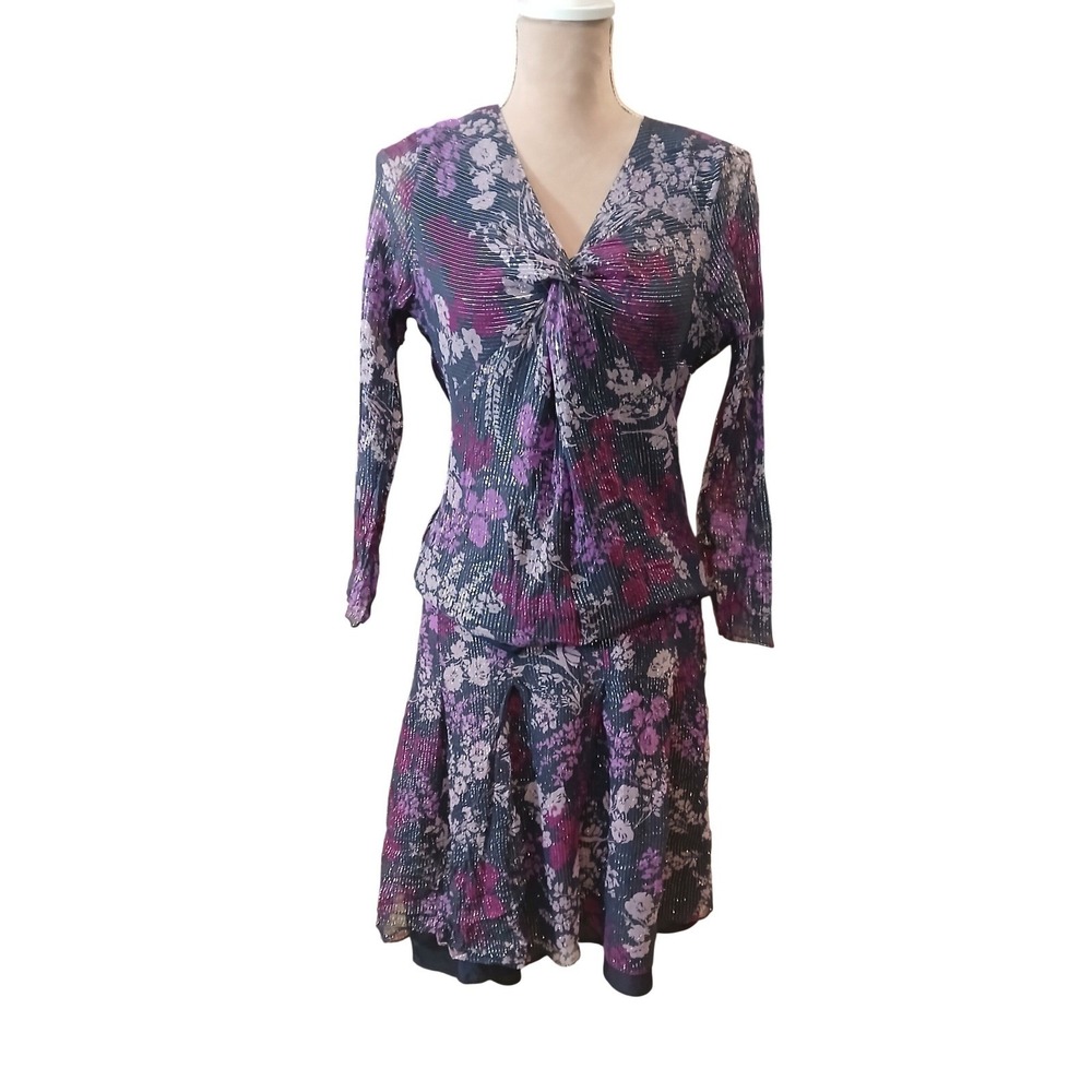 Vtg Y2k Silk Floral Sparkle Top Skirt Set Navy Purple Size 14P Metallic